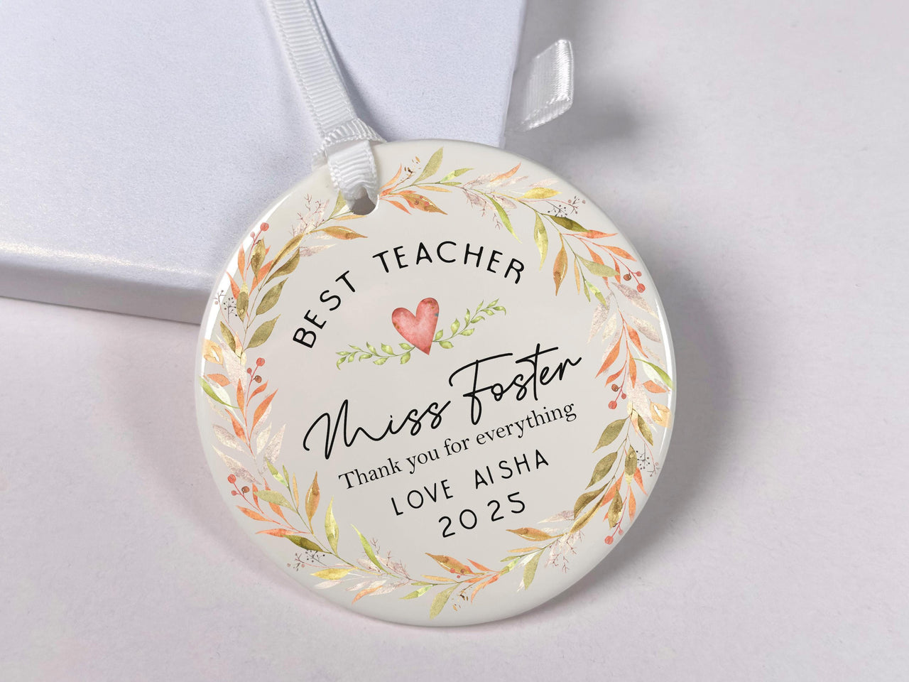 Teacher Thank You Ornament - Floral Keepsake for End of Term & Leaving Gift with Custom Name