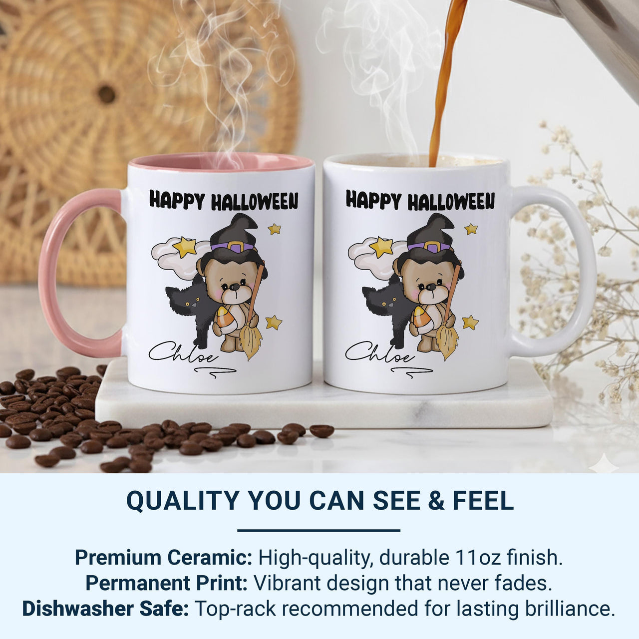 Happy Halloween Mug – Personalised Name with Witch Bear and Cat – Kids’ Spooky Season Trick_or_Treat Gift