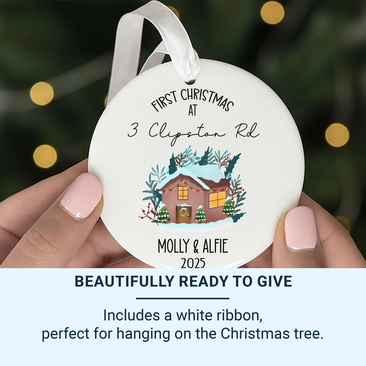 New Home Christmas Ornament 2025 - Snowy House with Address & Names