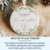 First Christmas Engaged Ornament - Ring Motif Keepsake with Leafy Design & Names