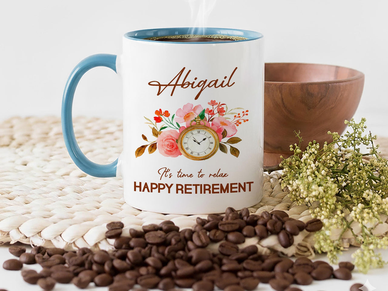 Happy Retirement Personalised Mug – “Time to Relax” Clock and Florals with Name – Office Leaving, Farewell Party and New_Chapter Gift