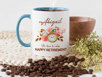 Happy Retirement Personalised Mug – “Time to Relax” Clock and Florals with Name – Office Leaving, Farewell Party and New_Chapter Gift