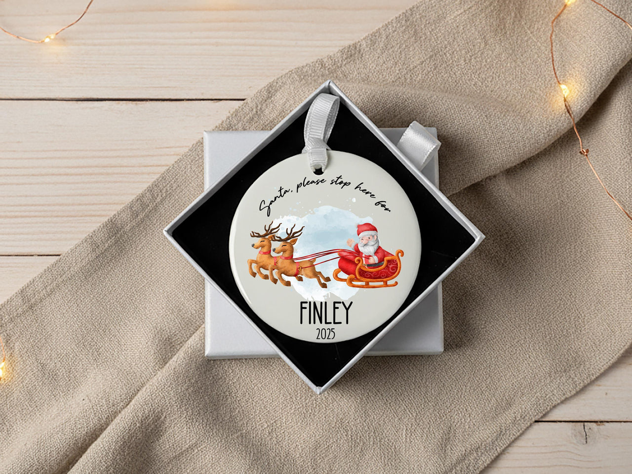 Personalised Santa Stop Here Christmas Ceramic Ornament, First Family Christmas Round Decoration, Xmas Keepsake, Gift for Kids, Home Bauble