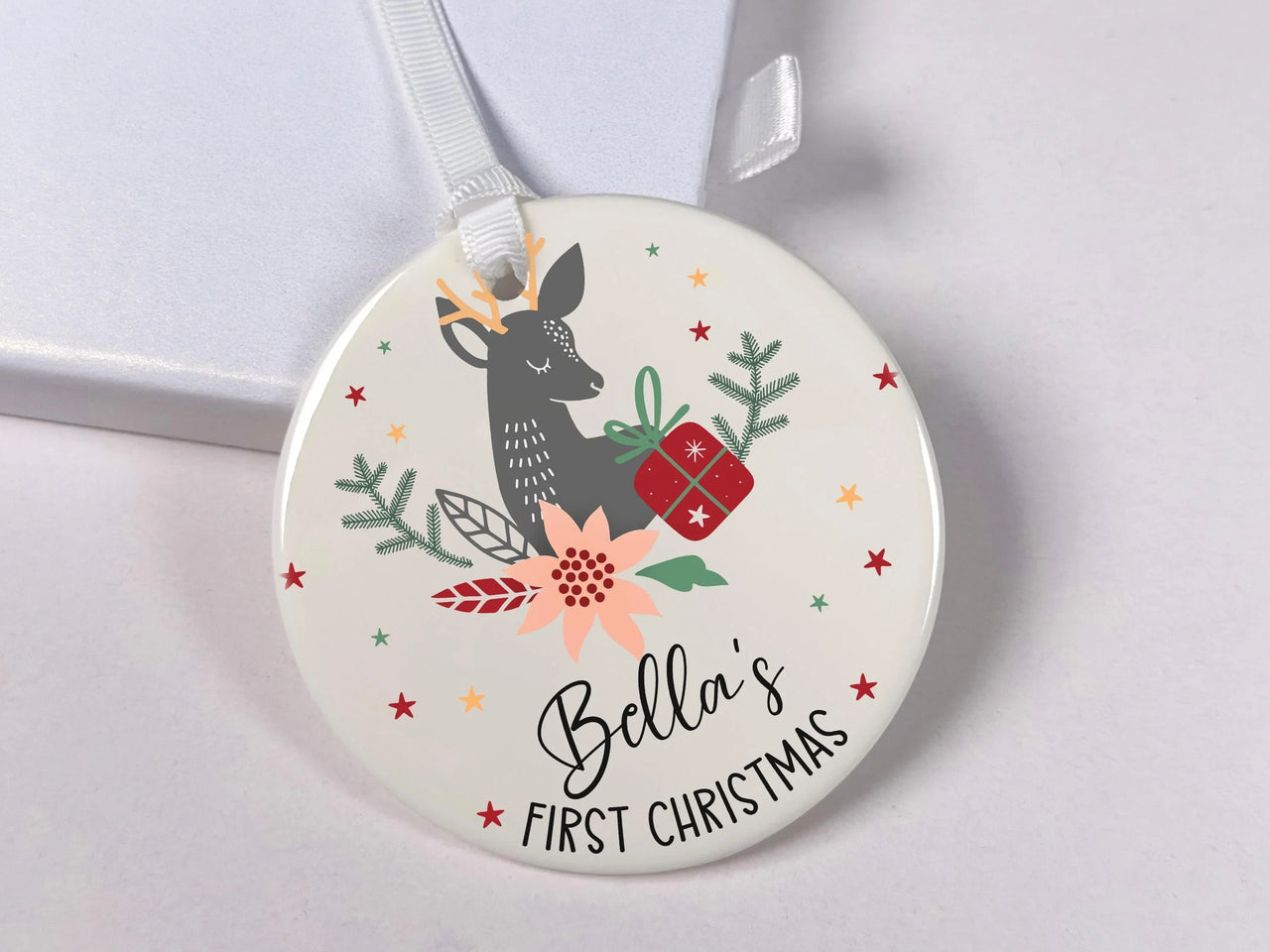 Baby First Christmas Ornament - Deer & Poinsettia Keepsake with Name