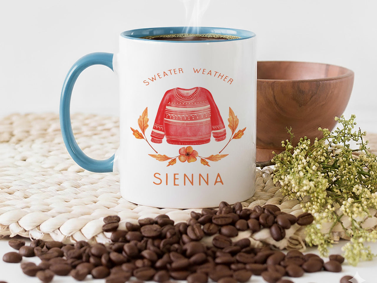 Sweater Weather Personalised Name Mug – Cosy Red Jumper Design for Autumn Lovers, Hygge Evenings and Fall Birthdays