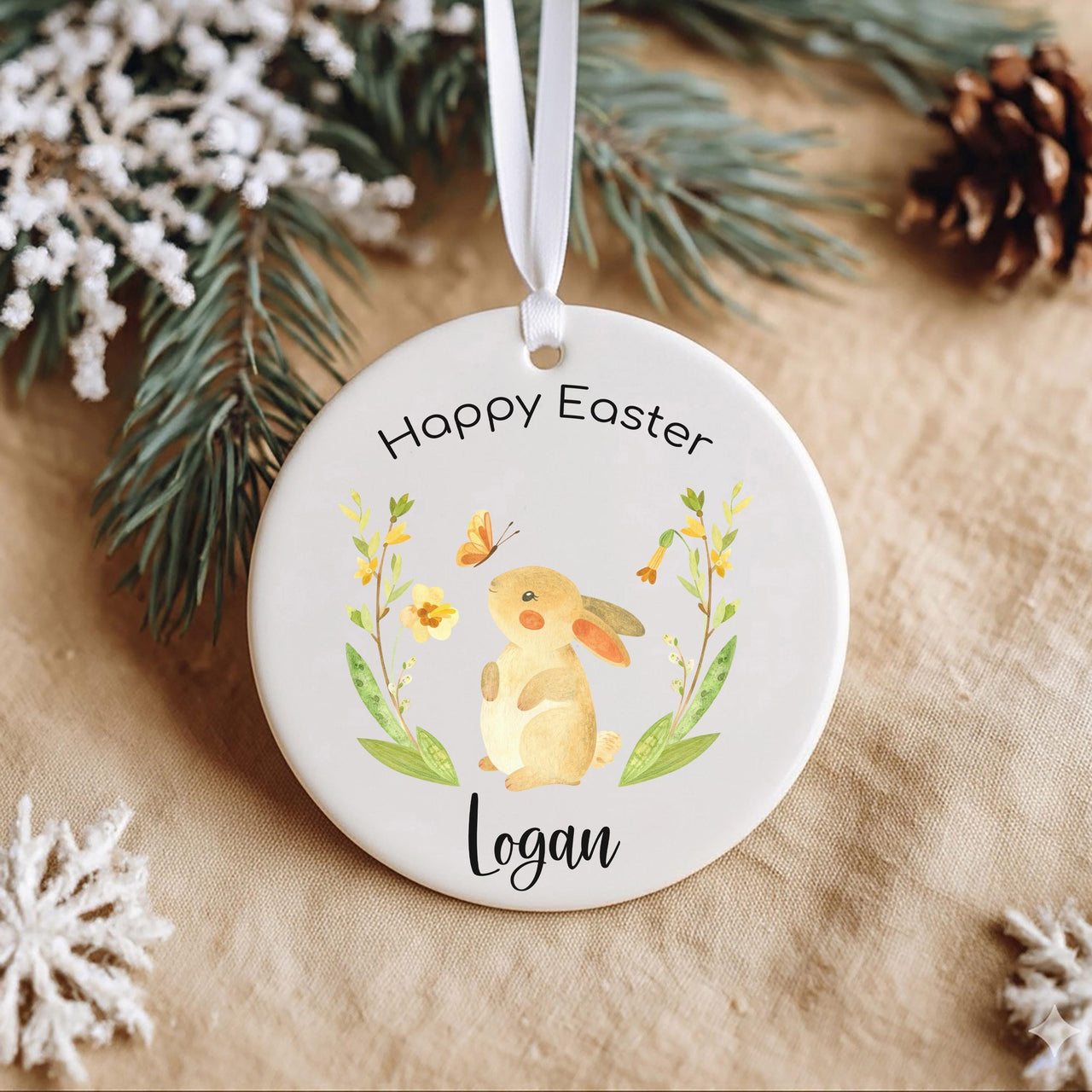 Bunny Easter Ornament 2025 - Flower & Butterfly Keepsake with Name for Kids