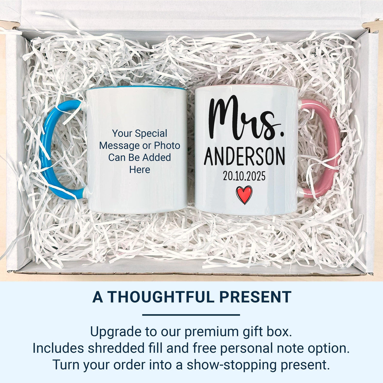 Mrs Mug Personalised with Surname and Wedding Date – Elegant Script with Red Heart – Bride Keepsake Gift