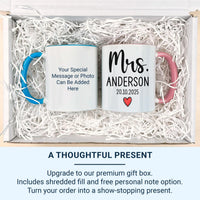 Mrs Mug Personalised with Surname and Wedding Date – Elegant Script with Red Heart – Bride Keepsake Gift