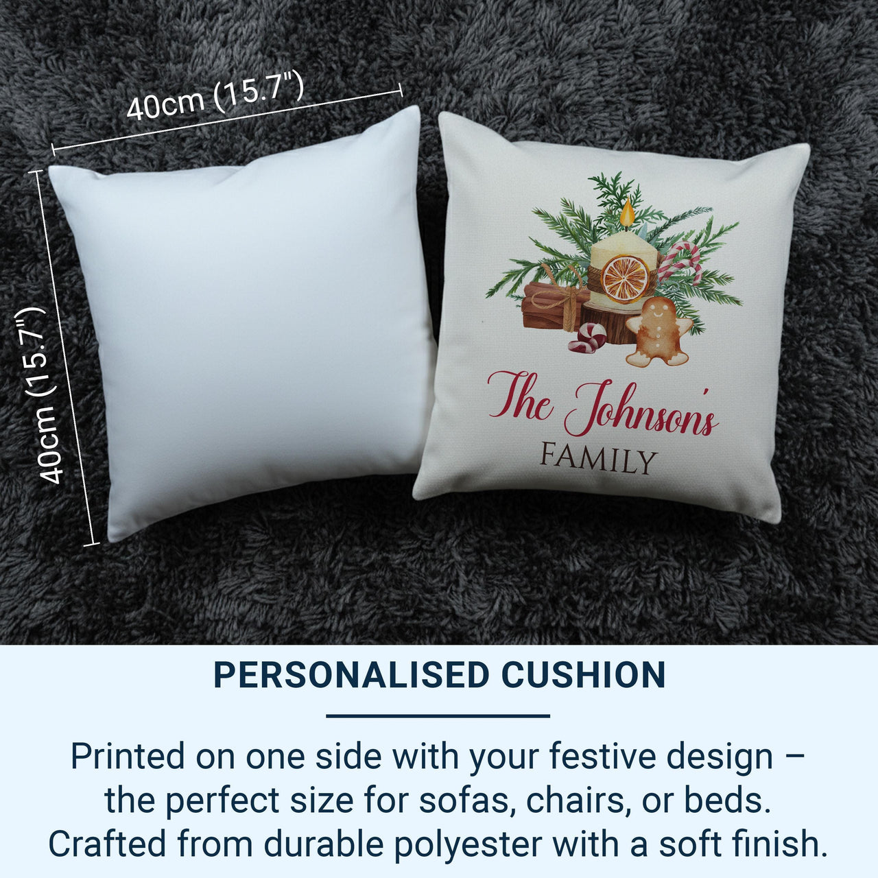 Personalised Family Christmas Cushion - Festive Icons Design with Family Name