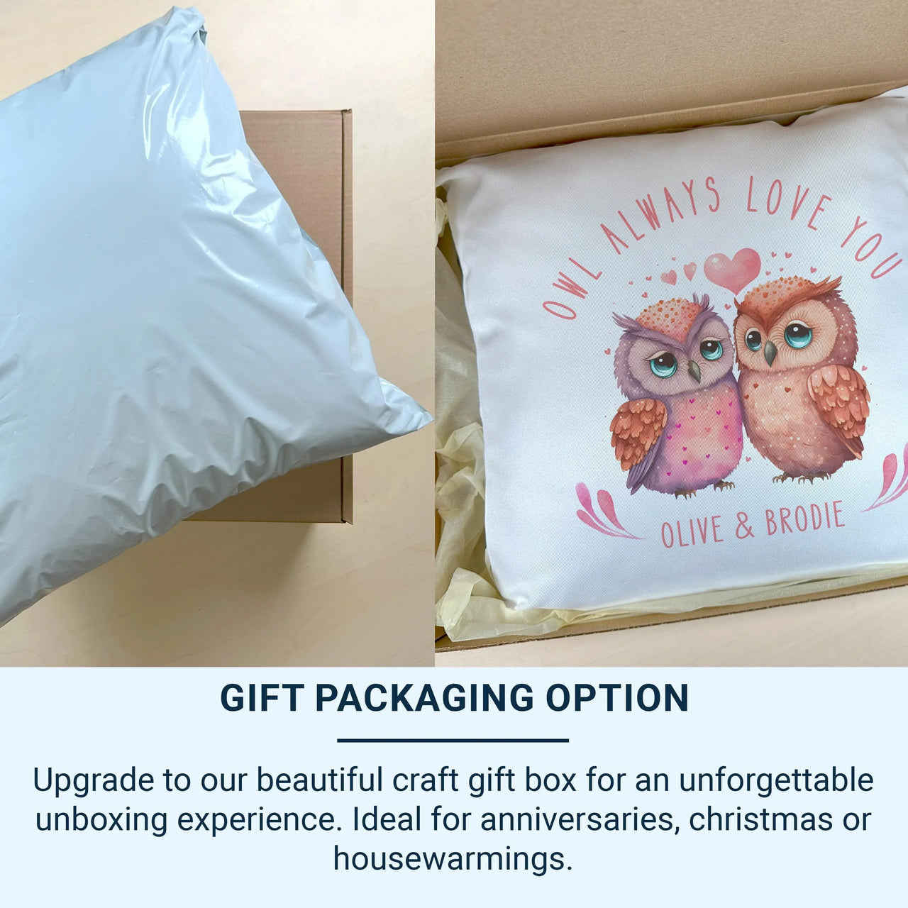 Personalised Owl Cushion – Romantic Cushion Gift With Heart Design & Custom Names