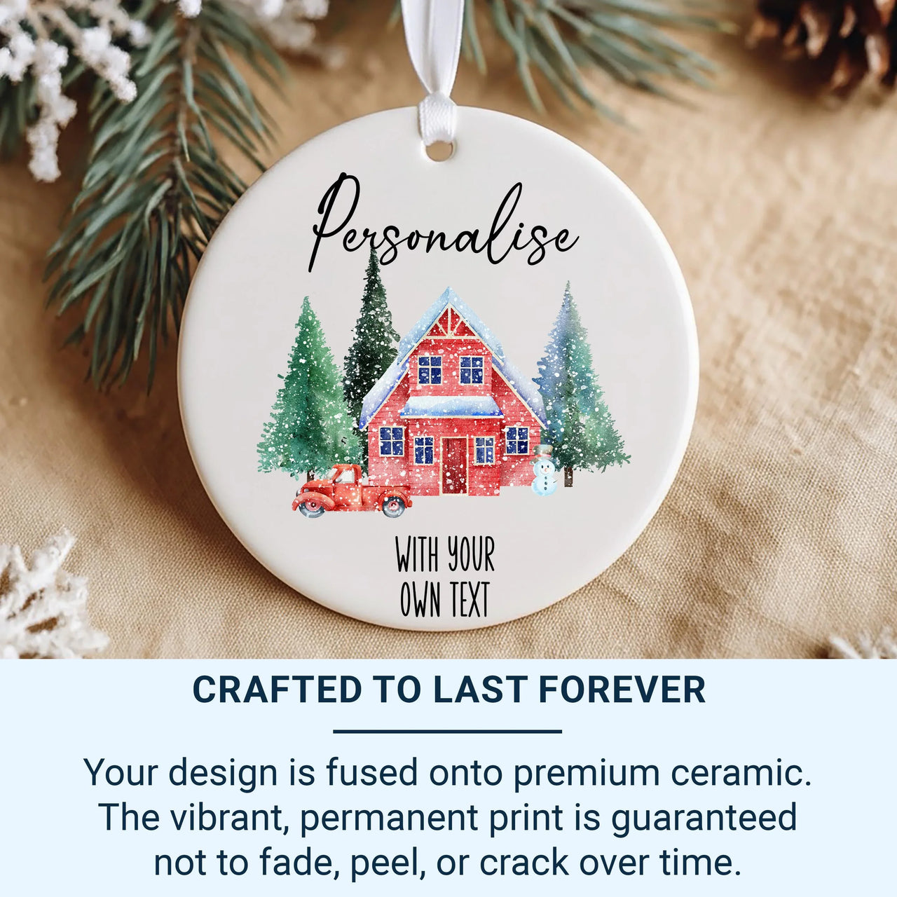 Customisable Ceramic Bauble Ornament - Personalised Text - Festive Xmas House Design - Perfect for a Unique Christmas Decoration