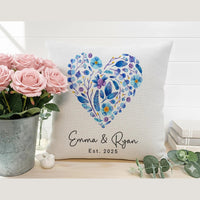 Personalised Floral Heart Cushion - Romantic Wedding Keepsake with Names & Year