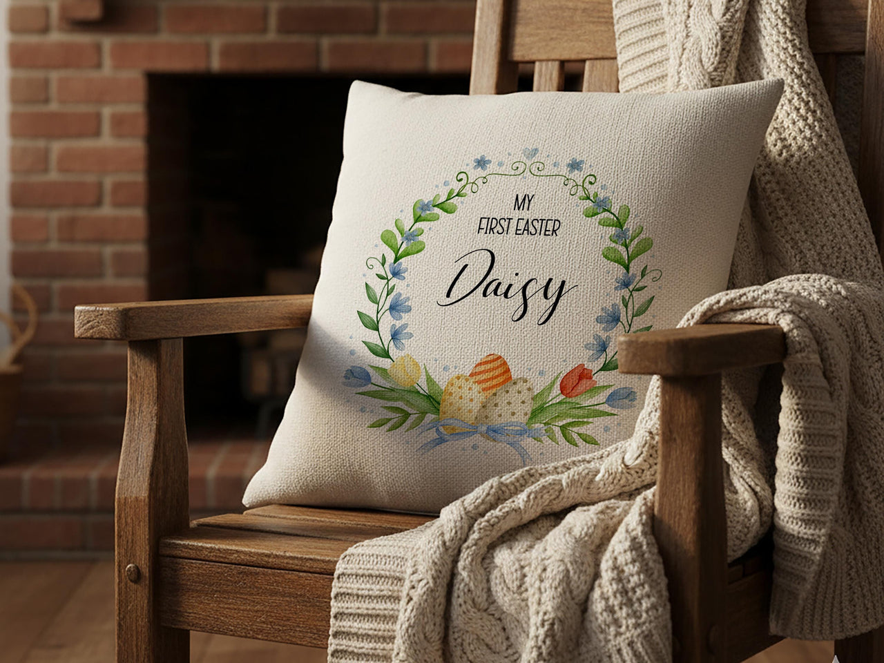 Personalised My First Easter Cushion with Name - Floral Wreath Baby Keepsake for Spring Family Memories