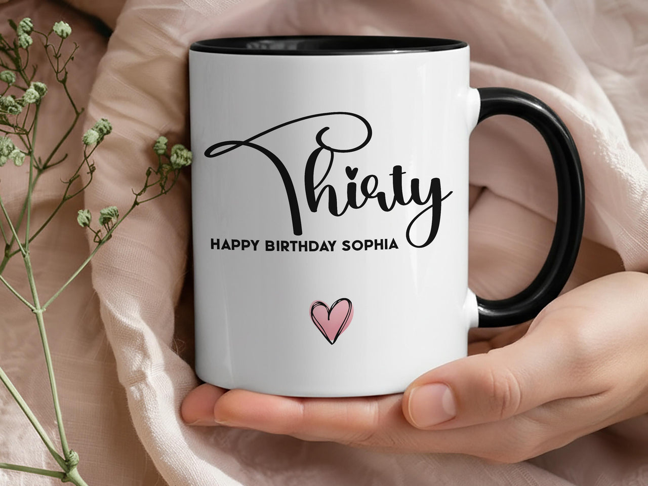 30th Birthday Mug – Personalised Name “Thirty Happy Birthday” Gift with Heart Design – Milestone Keepsake