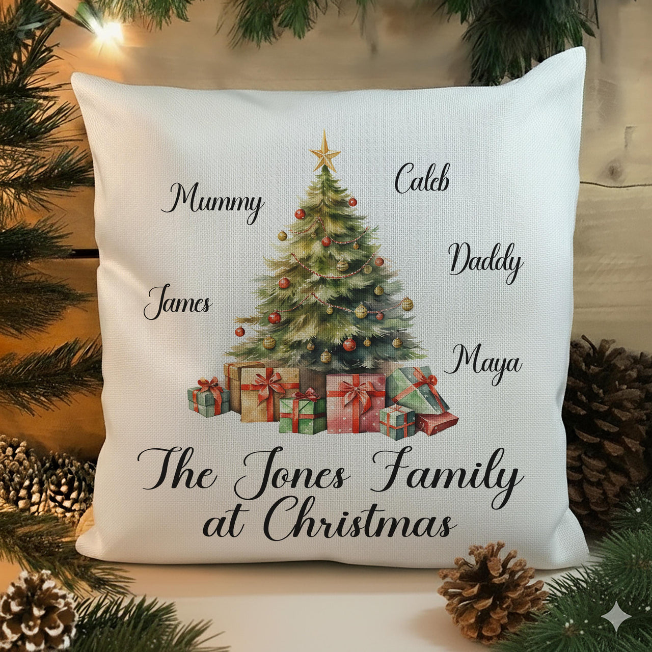 Family Christmas Cushion Cover - Personalised Christmas Pillow with Xmas Tree Design - Unique Christmas Home Decor Gift