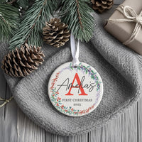 Baby First Christmas Ornament 2025 - Floral Wreath with Initial & Name