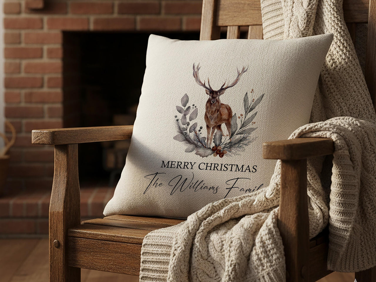 Personalised Merry Christmas Cushion with Reindeer | Family Xmas Party Gift | Ideal Present for Kids | Minimalist Winter Home Decoration