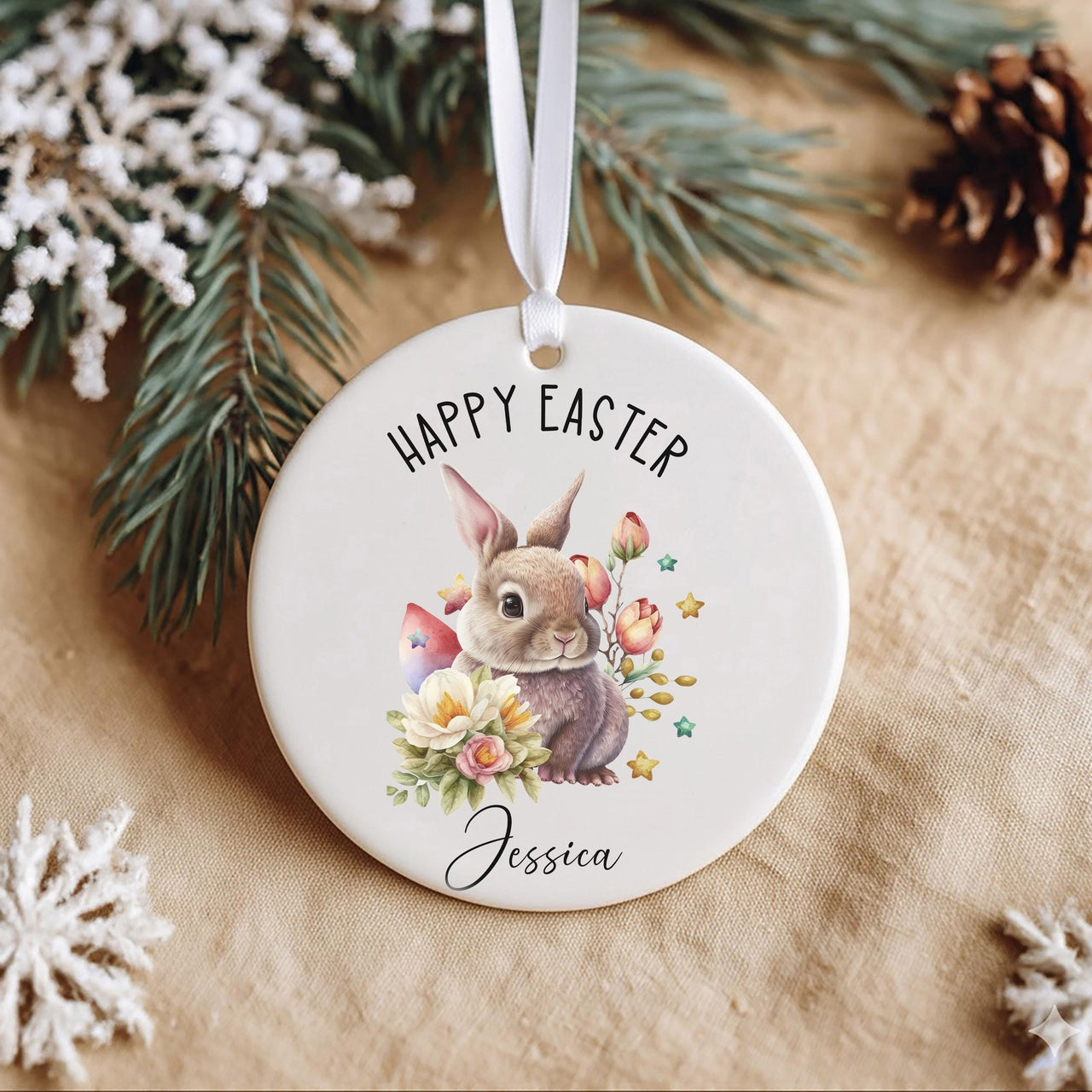 Bunny Easter Ornament - Watercolour Keepsake with Flowers & Name for Children