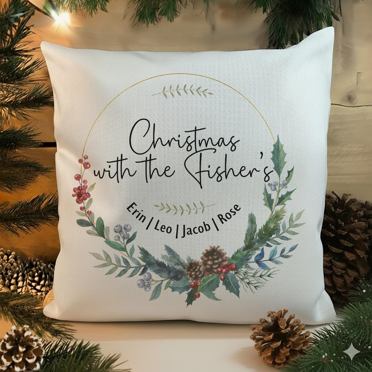 Personalised Christmas Family Cushion Cover, Xmas Wreath Home Decor, Gift for Friend, Stocking Filler, Family Name Pillow, Gift Under 20