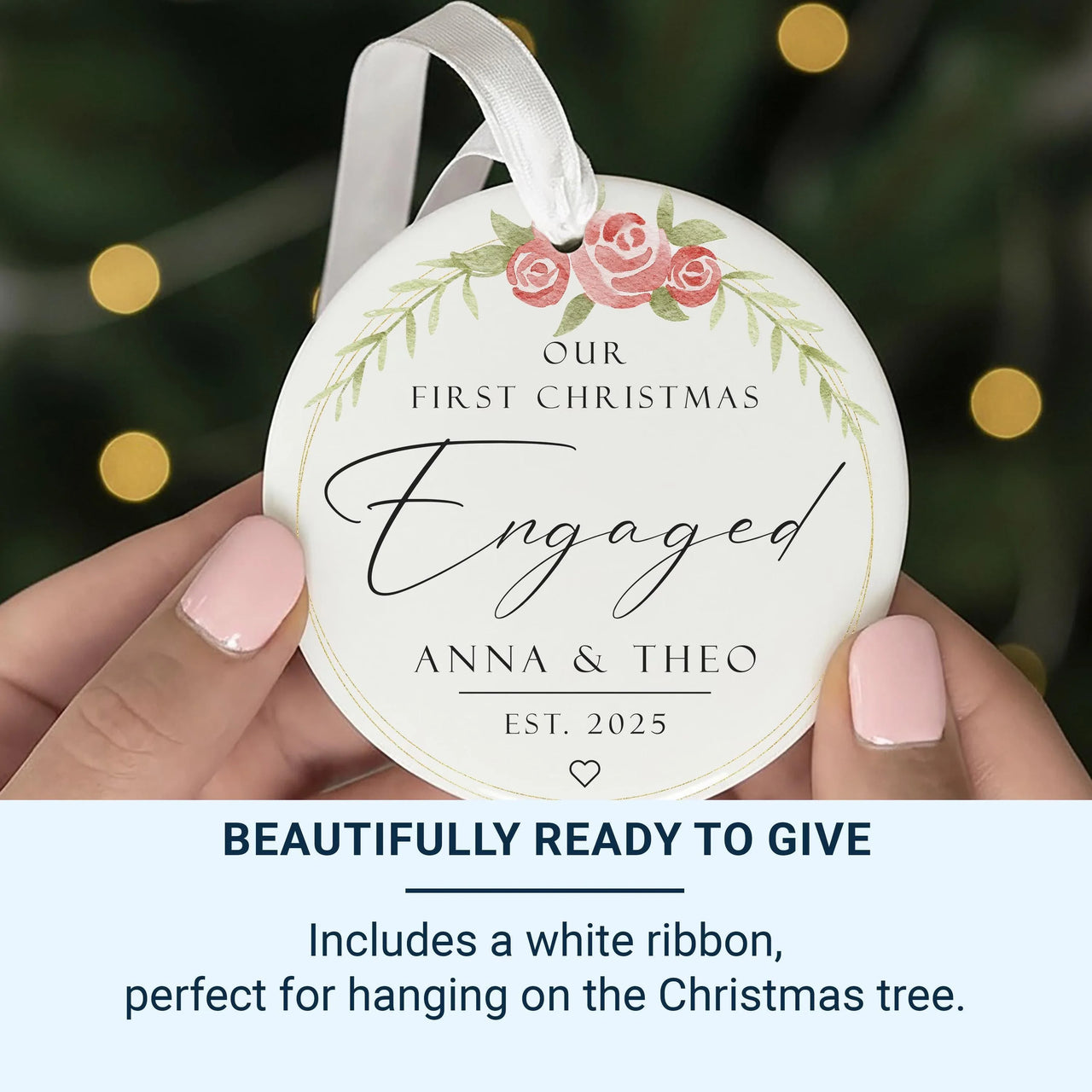 First Christmas Engaged Ornament - Floral Keepsake with Names & Date for Couples