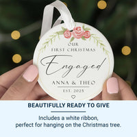 First Christmas Engaged Ornament - Floral Keepsake with Names & Date for Couples