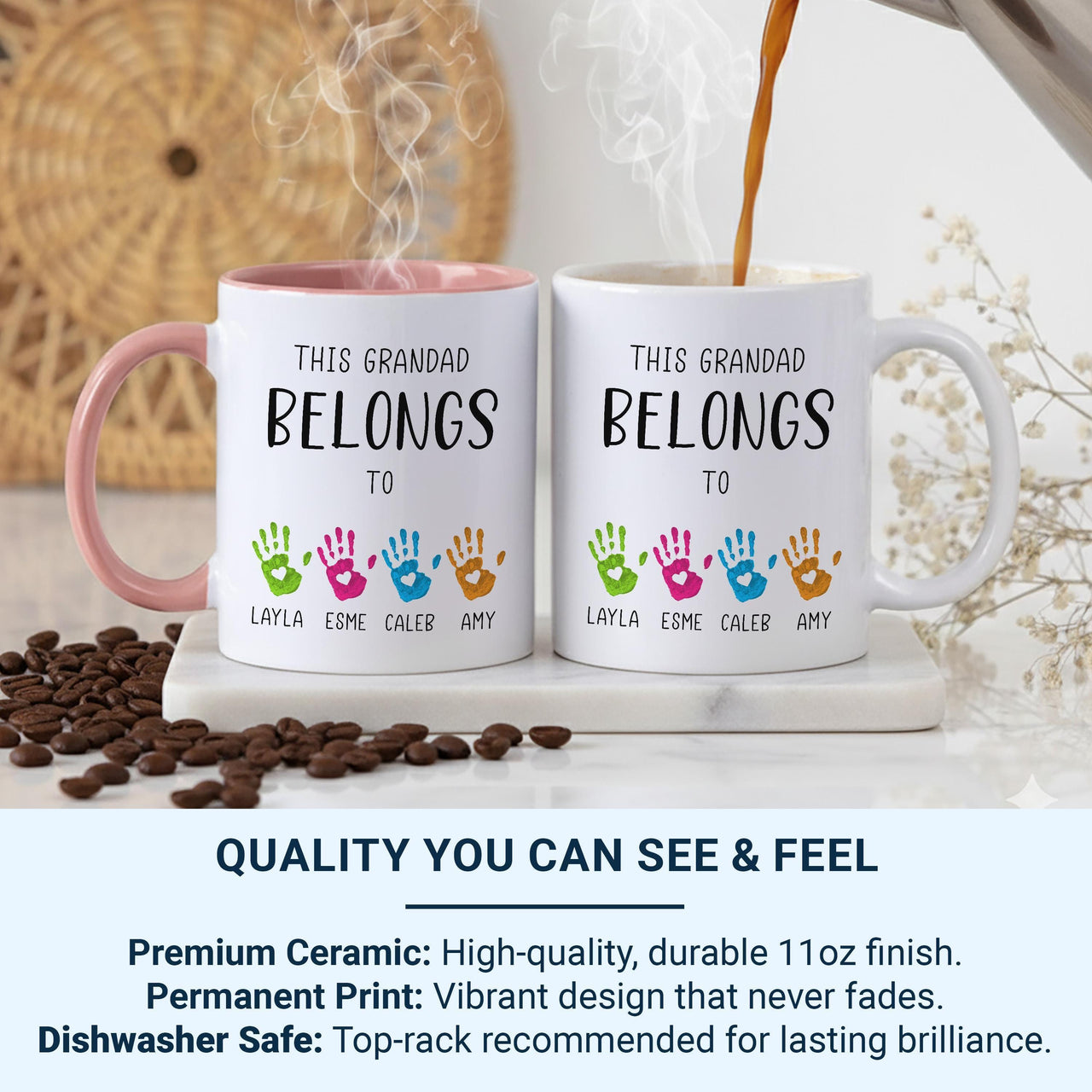 This Grandad Belongs To… Personalised Mug – Grandchildren Handprints and Names – Father’s Day, Birthday and Everyday Grandad Hug