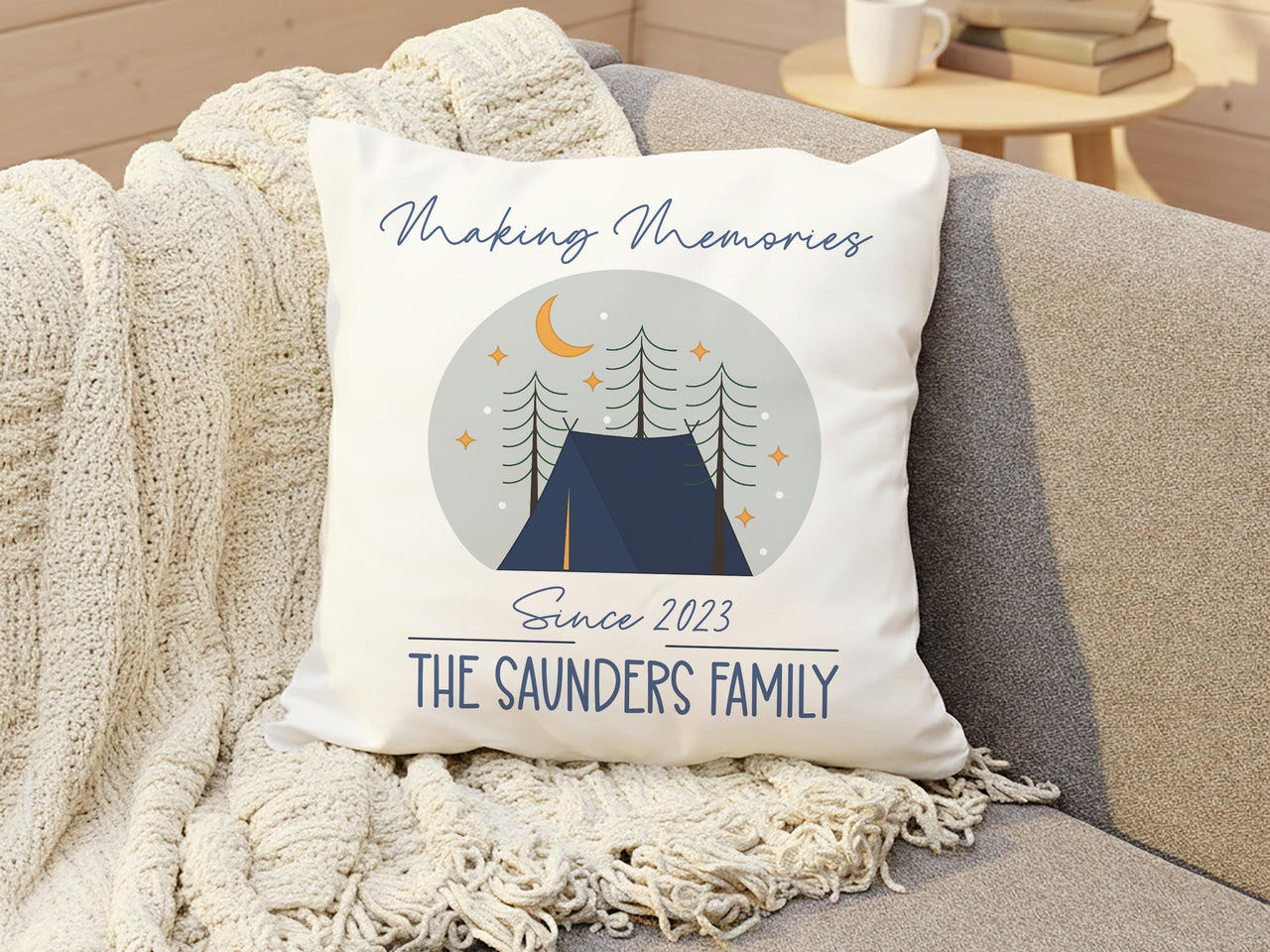 Personalised Family Camping Cushion - Outdoor Adventure Keepsake with Tent & Stars