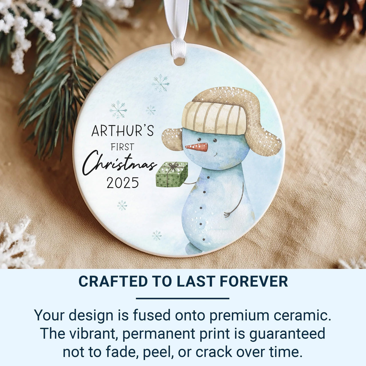 Snowman Baby Ornament - First Christmas Keepsake with Name and Year for Boys & Girls