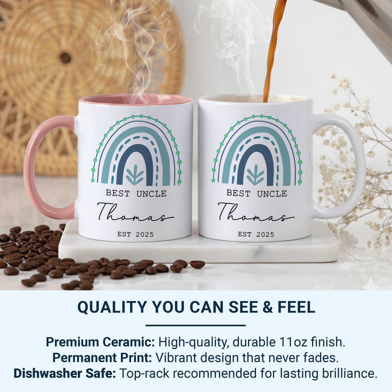 Best Uncle Personalised Mug – Name and EST. 2025 with Rainbow Motif – New Uncle Announcement and Baby Shower Gift