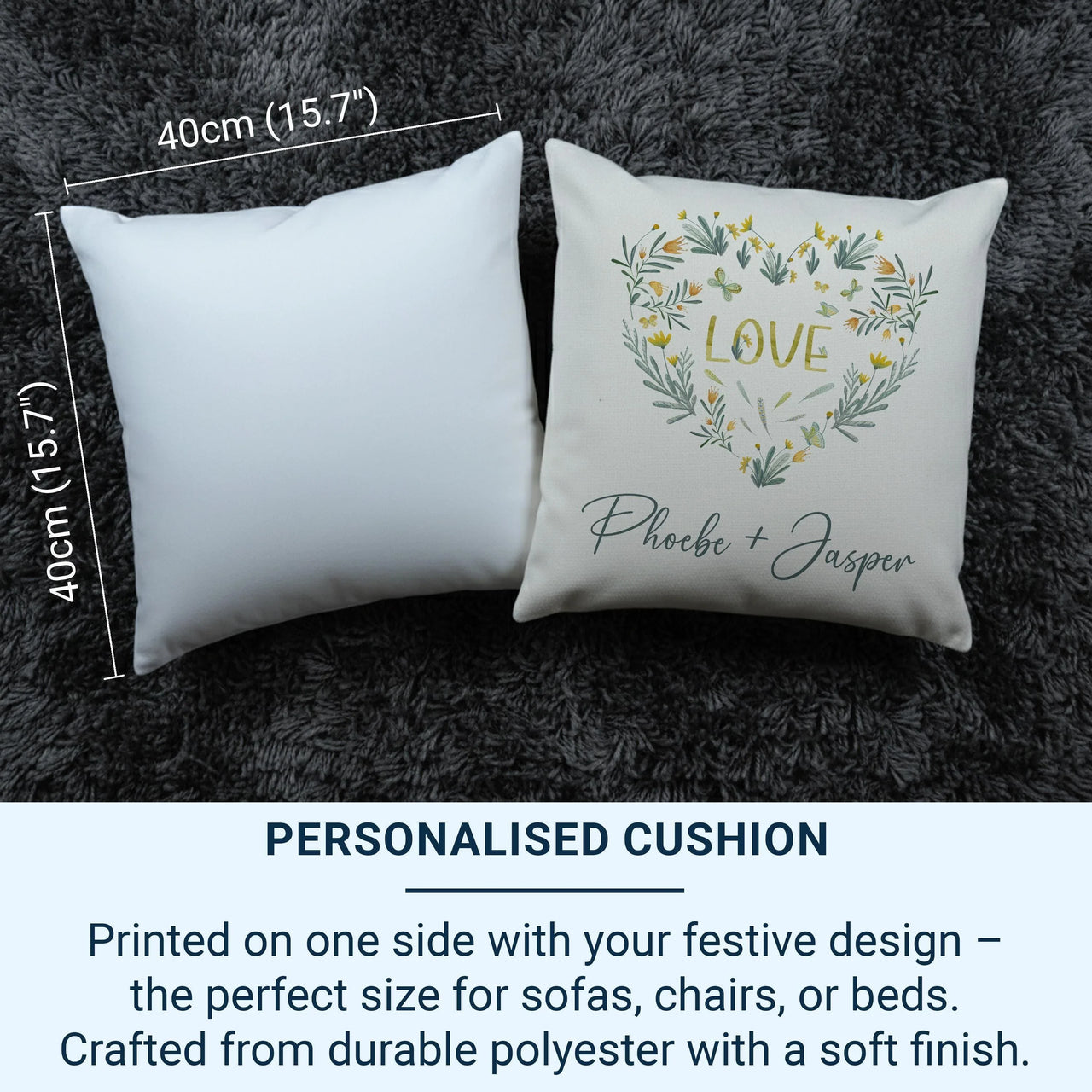 Personalised Floral Cushion – Romantic Heart Cushion With Floral Wreath Design