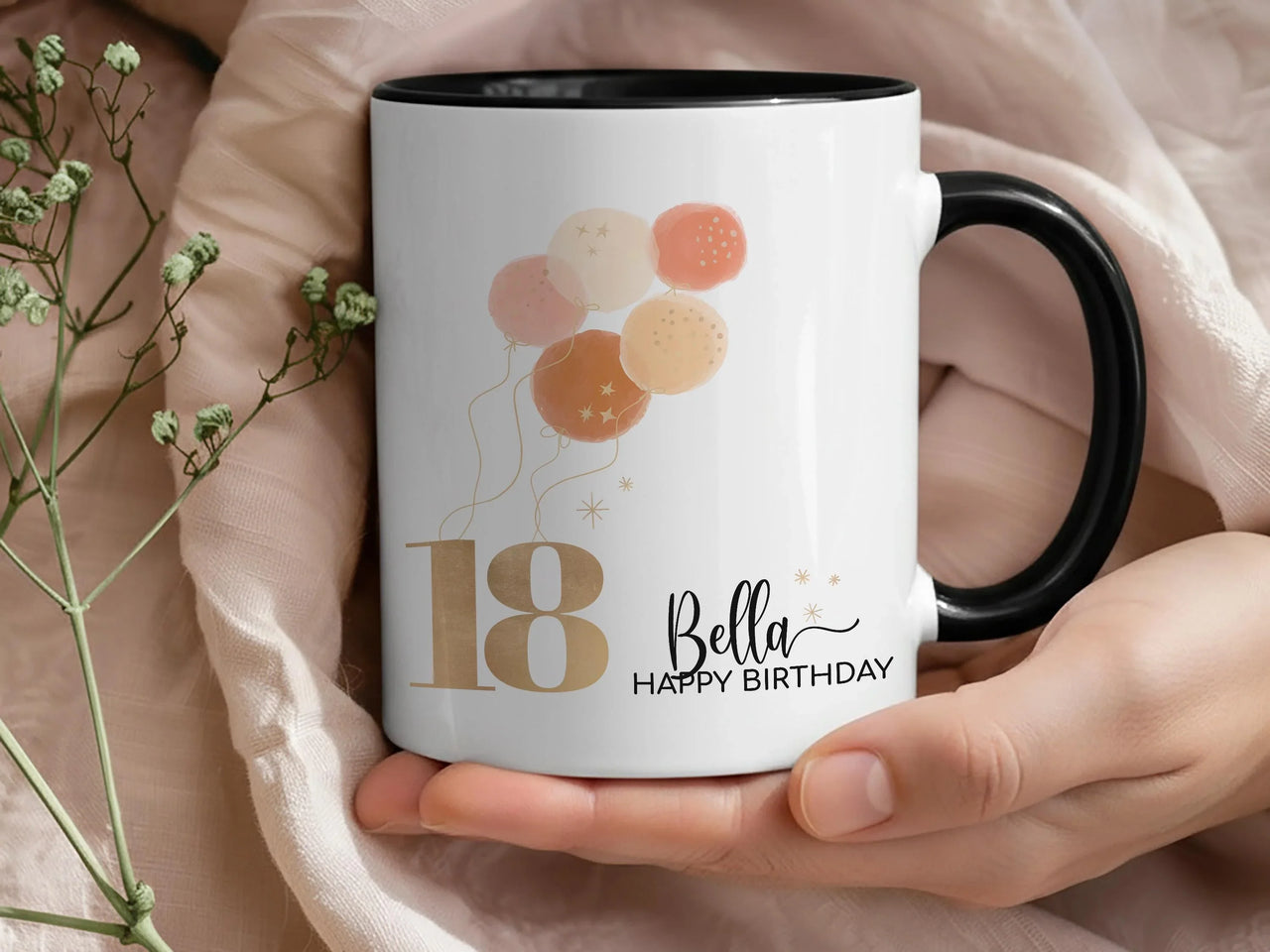 18th Birthday Balloons Mug – Personalised Name with Gold “18” and Pastel Stars – Party Morning Photo Prop and Milestone Keepsake