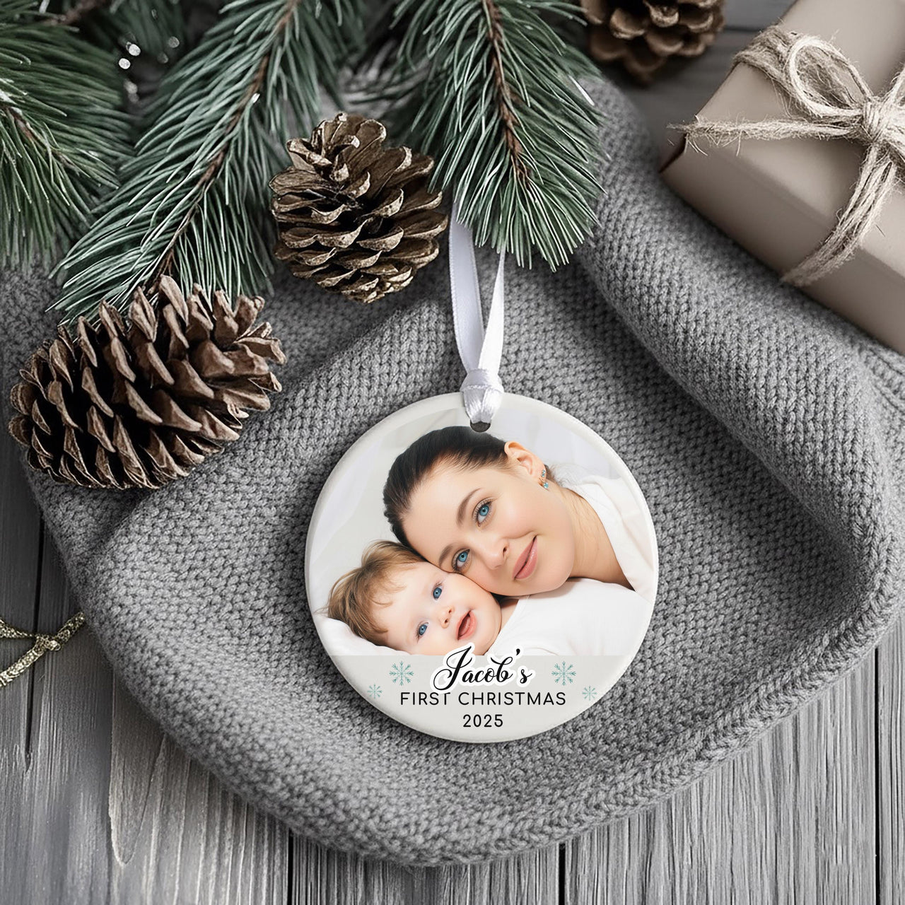 Baby's First Christmas Photo Ornament - Personalised Ceramic Decoration - Unique Family Gift Idea - New Baby Christmas Tree Ornament