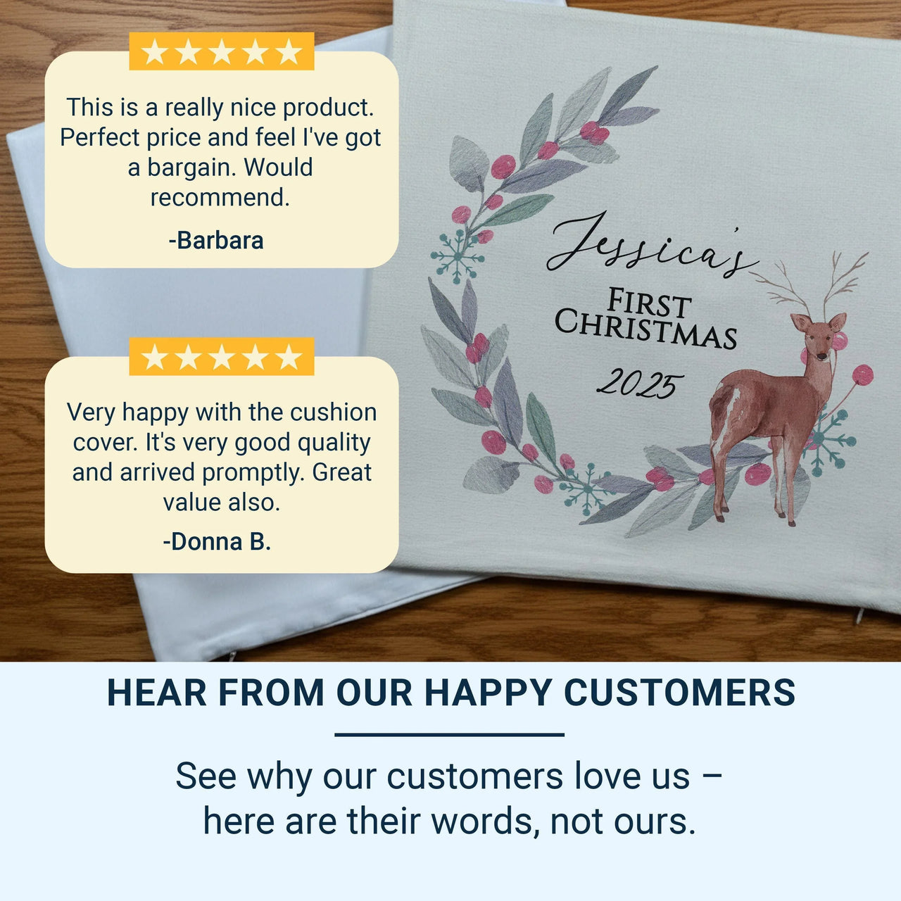 Personalised Baby Christmas Cushion – Custom Name Festive Deer Pillow 40cm