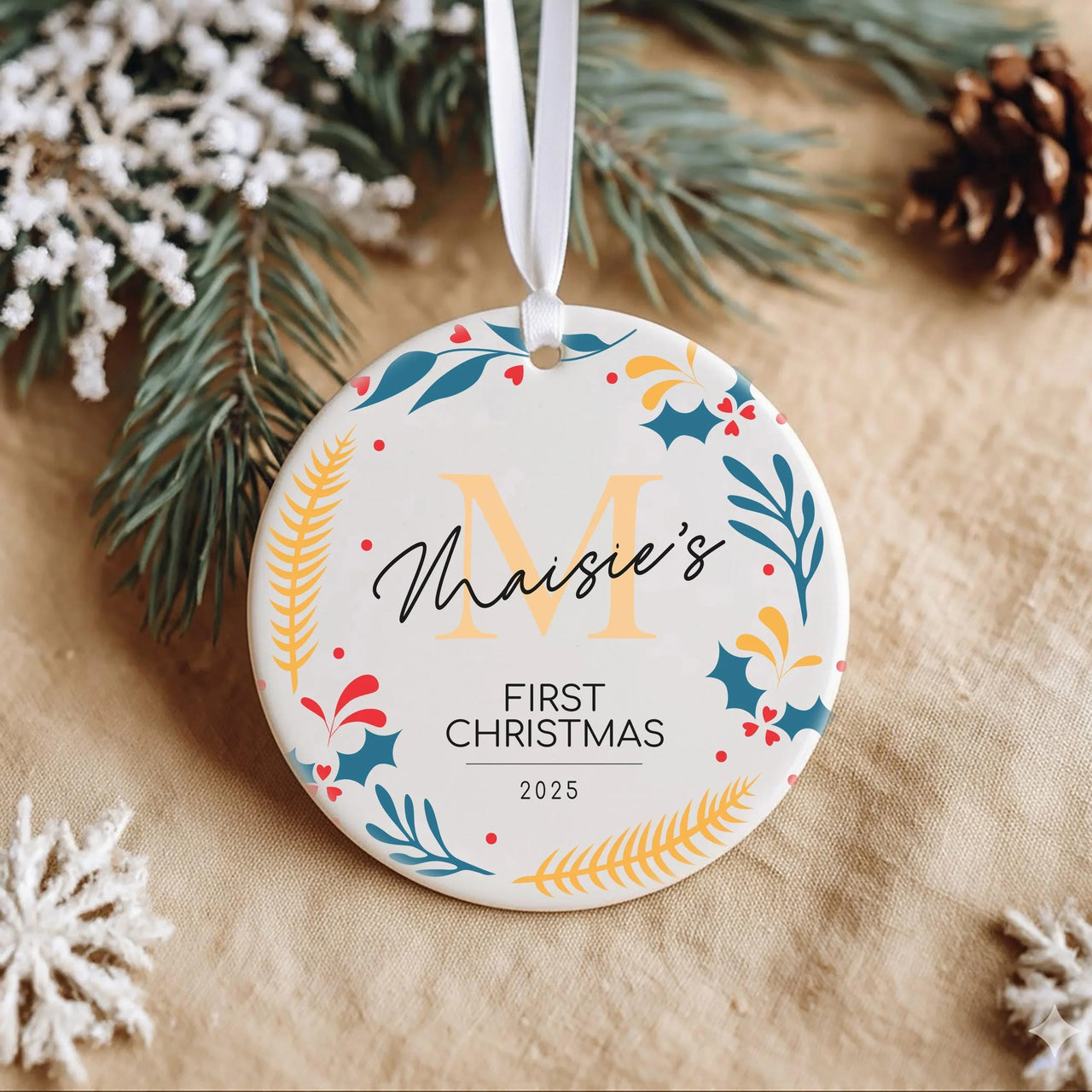 Baby First Christmas Ornament - Bright Foliage Keepsake with Name & Year for Newborns