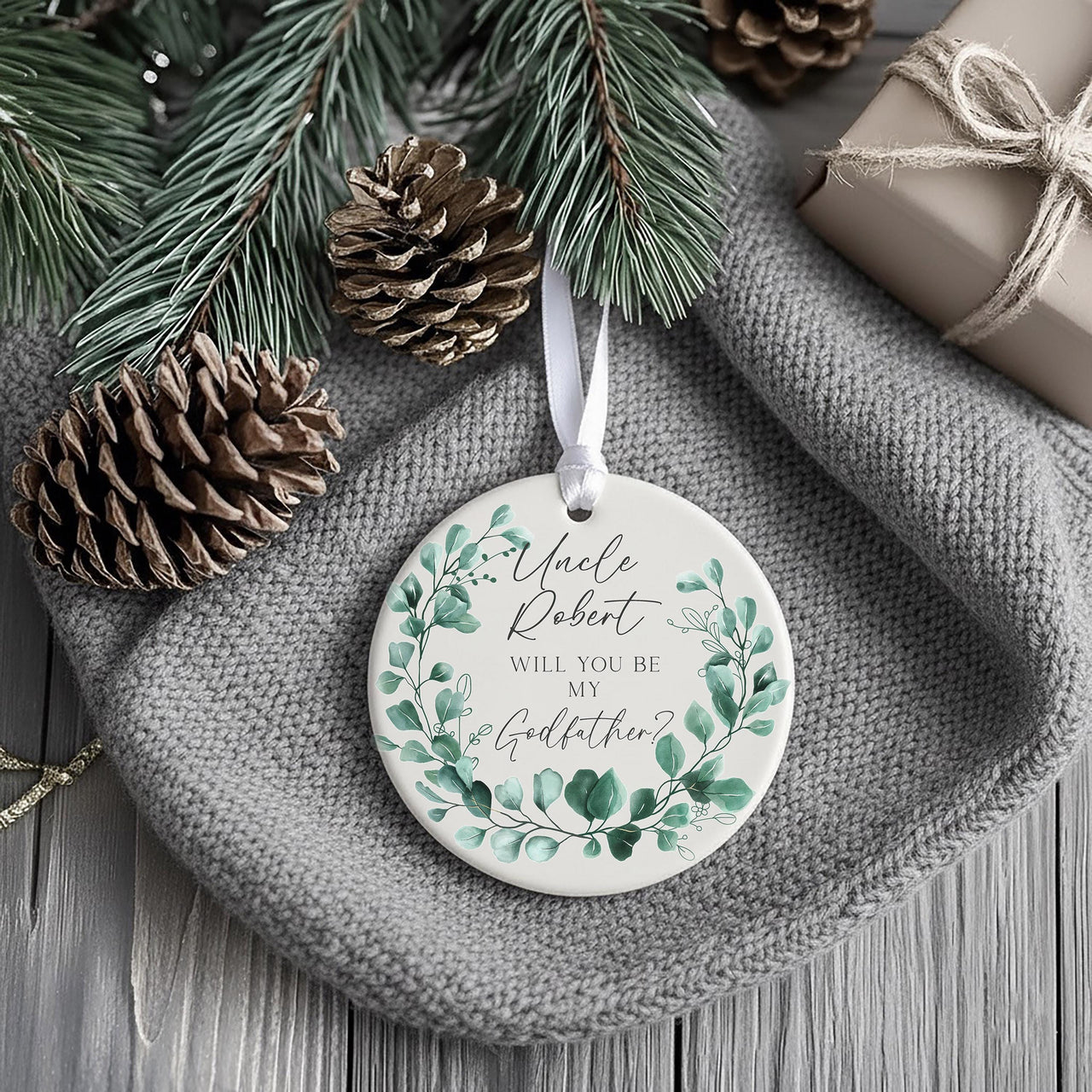 Godfather Proposal Ornament - Leafy Wreath Keepsake with Name & Question