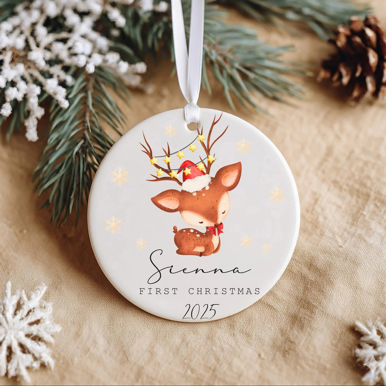 Personalised First Christmas Ornament - Funny Reindeer Ceramic Decoration - Stocking Filler - Baby's Xmas Keepsake - Boy or Girl Gift