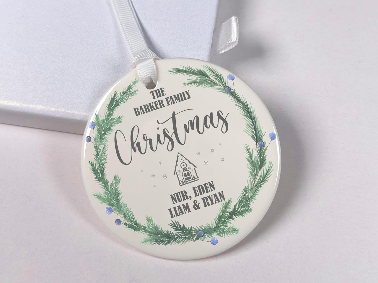 Family Christmas Ornament - Pine Wreath Keepsake with House for Family Tree