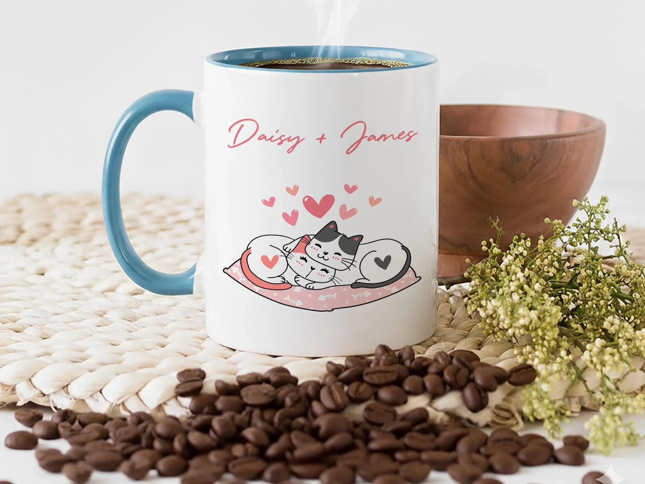 Personalised Couple Cat Mug – Custom Cat Names Heart Pillow | Romantic Anniversary Gift