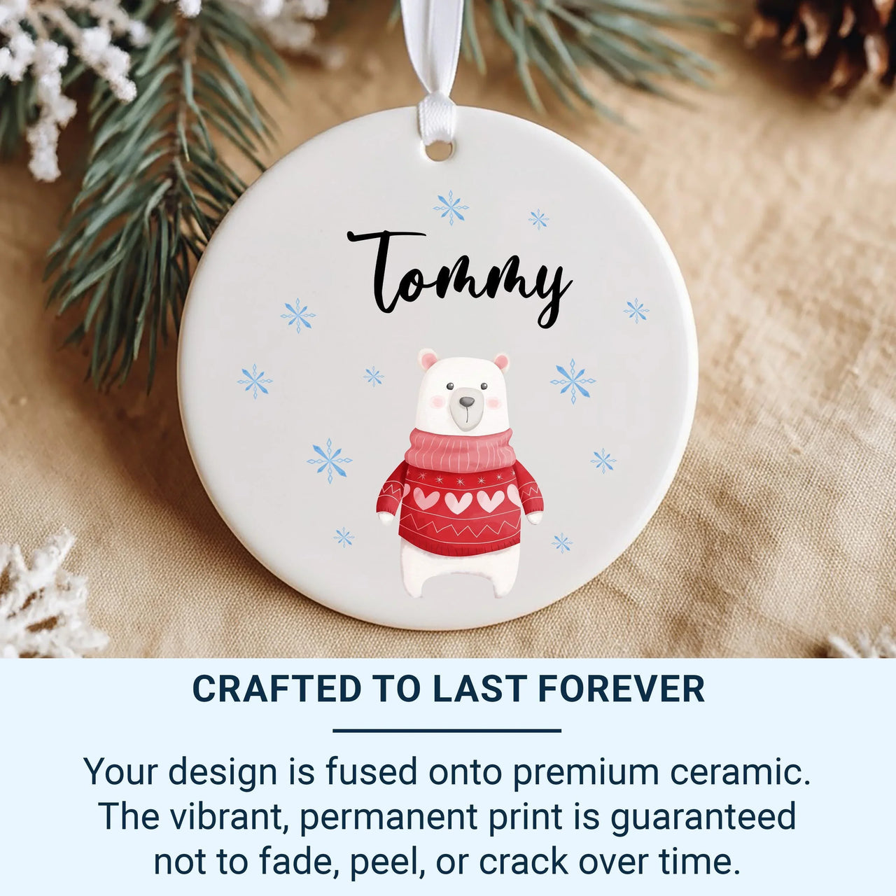Polar Bear Xmas Ornament - Festive Keepsake in Red Jumper with Name for Kids & Grandchildren