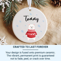 Polar Bear Xmas Ornament - Festive Keepsake in Red Jumper with Name for Kids & Grandchildren