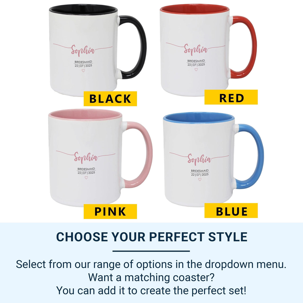 Bridesmaid Mug Personalised Name Date Pink Heart Wedding Gift
