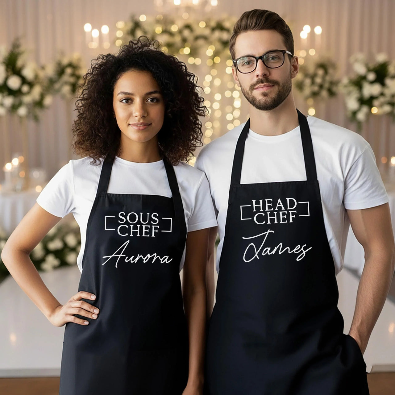 Matching Couple Aprons – Personalised Metallic & Glitter Print Kitchen Gift Set