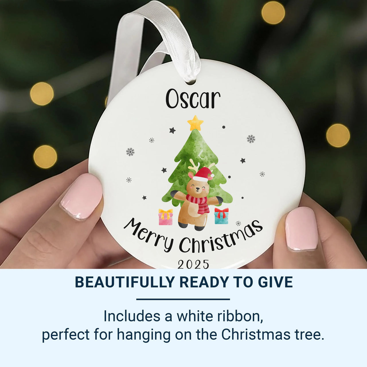Personalised Christmas Ornament - Cute Reindeer and Xmas Tree Bauble - Ceramic Christmas Keepsake for Kids - Unique Christmas Eve Box Filler