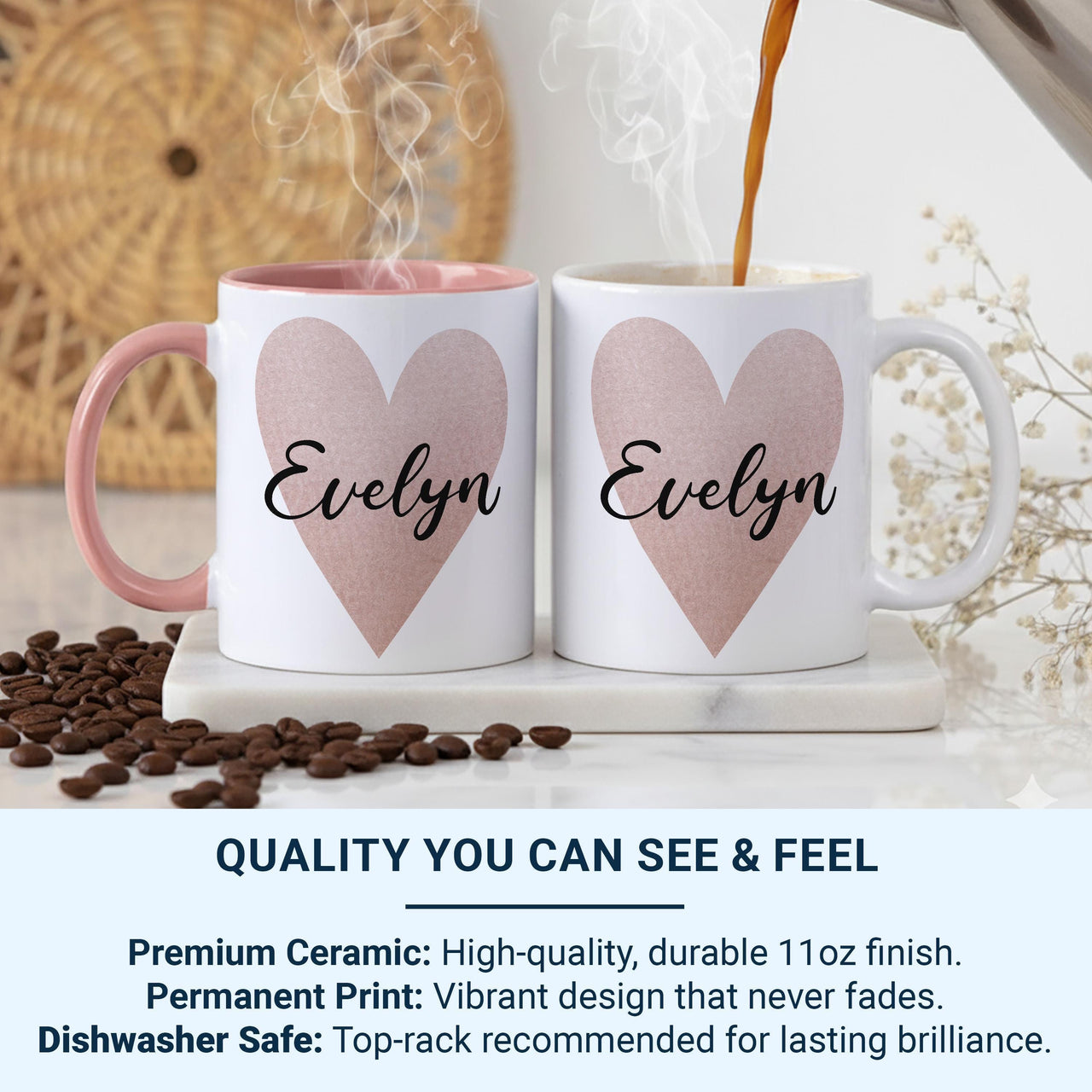 Personalised Name Mug – Pink Watercolour Heart with Elegant Script – Romantic Gift for Her and Valentine’s Day
