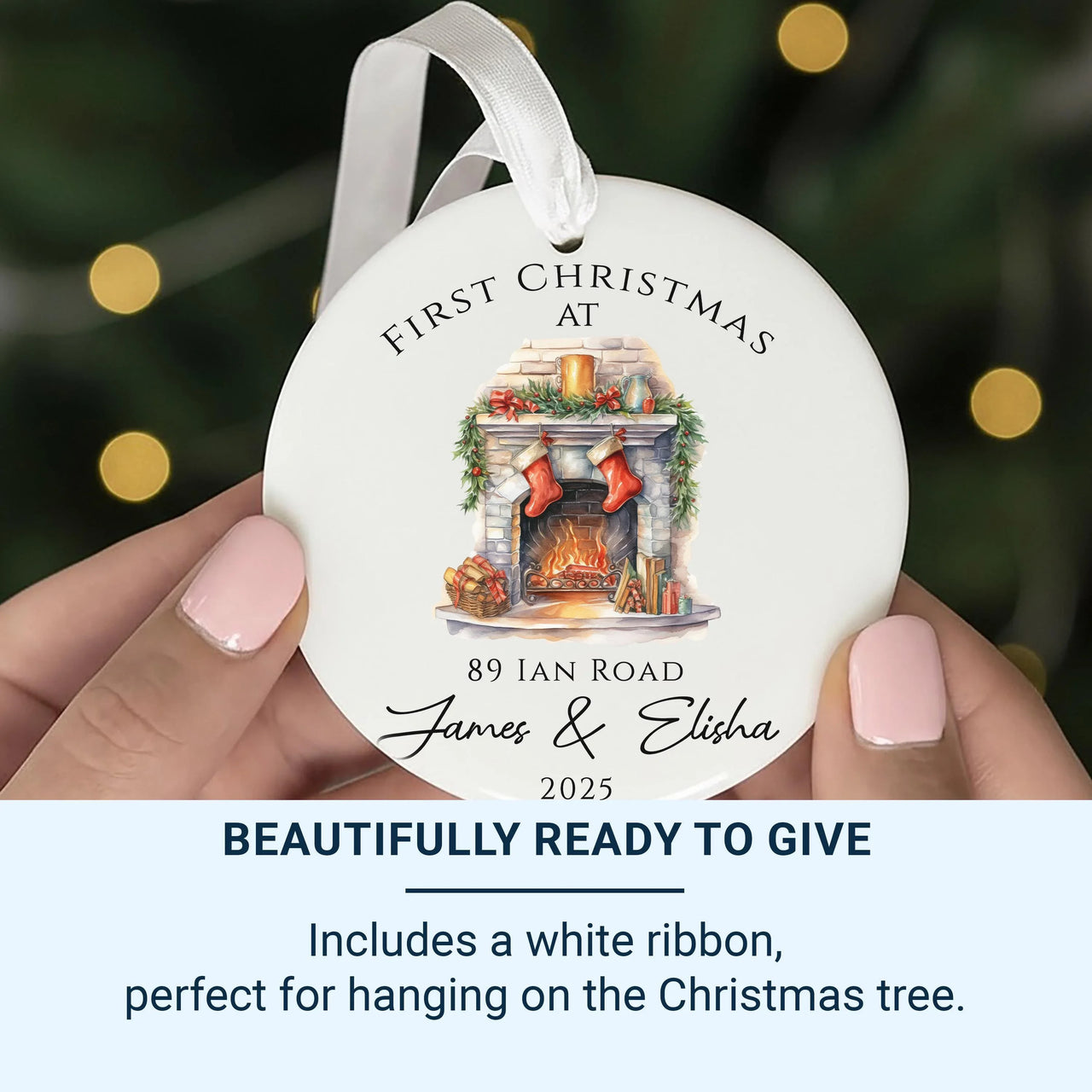 Personalised 2025 New Home Ceramic Ornament with Road Name - First Christmas Decoration, Home Owner Gift, Festive Fireplace Stocking Design
