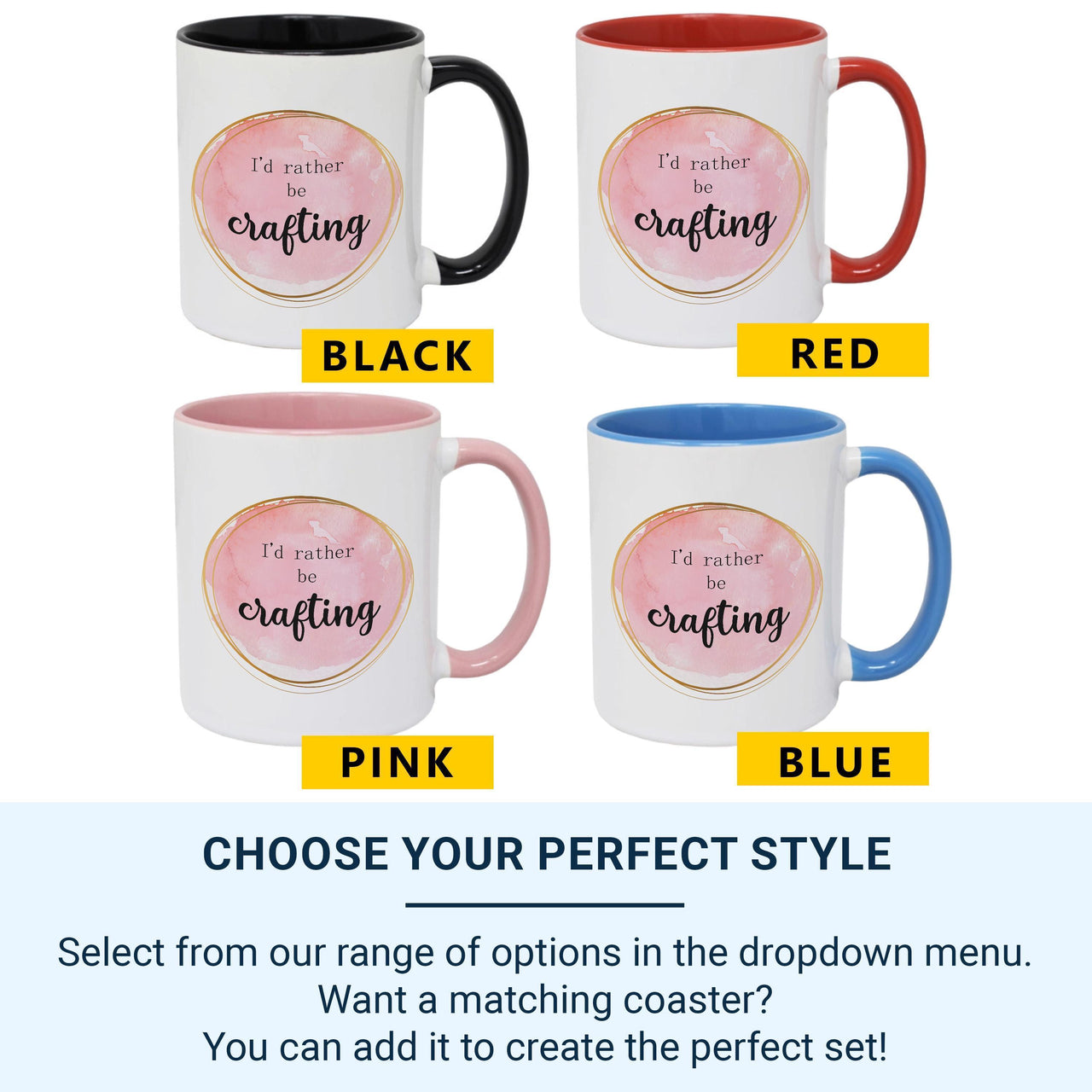 I’d Rather Be Crafting Mug – Pink Watercolour with Gold Border – Gift for Makers, Sewers and Knitters
