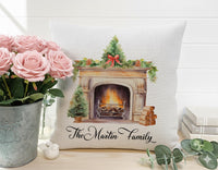 Personalised Family Christmas Cushion - Cosy Fireplace Design with Family Name