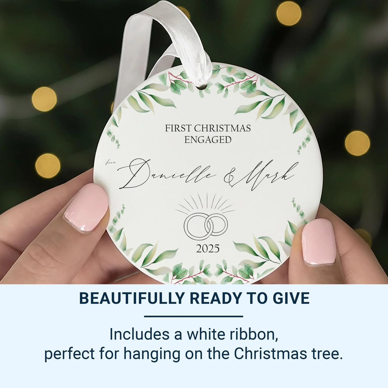 First Christmas Engaged Ornament - Ring Motif Keepsake with Leafy Design & Names