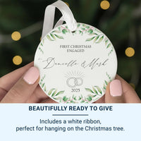 First Christmas Engaged Ornament - Ring Motif Keepsake with Leafy Design & Names