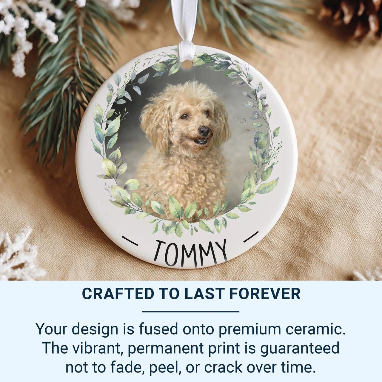 Pet Photo Ornament - Leafy Wreath Keepsake with Name for Dog or Cat Lovers DENMARY